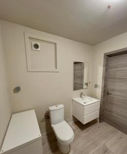 a white bathroom with a toilet and a sink at Gohysart 51b 1 Bruxelles-Charleroi-airport in Charleroi