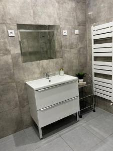 W łazience znajduje się biała umywalka i lustro. w obiekcie Appartement 3 Chambres w mieście Champigny-sur-Marne