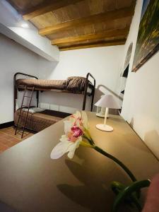 a table with a flower on top of it at Casa del Viandante Borgo dei Sassi di Roccamalatina in Guiglia