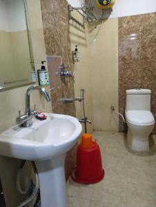 PuHoR Hotel Plaza Inn في غاواهاتي: حمام مع حوض ومرحاض