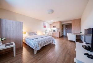 a large bedroom with a bed and a kitchen at Gynėjų Apartments - Lollo Luxury in Vilnius