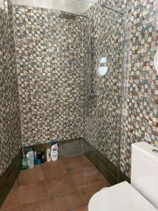 een badkamer met een douche, een toilet en tegels bij Estupenda casa rural en Hinojos in Hinojos