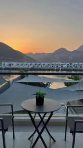 een trein die langs een tafel met een potplant rijdt bij Sunset villa in Fujairah