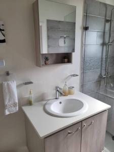 a white bathroom with a sink and a shower at Paris' -Oasis in Discovery Bay