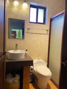 La salle de bains est pourvue de toilettes blanches et d'un lavabo. dans l'établissement LAS ALAMEDAS Departamentos céntricos con estacionamiento privado, à Guanajuato
