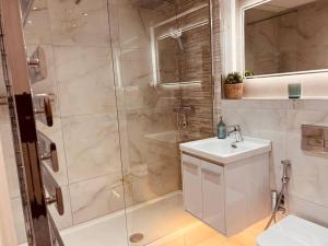 a bathroom with a shower and a sink and a toilet at Two Bedroom Apartment near Central Line in London