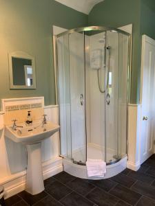 een badkamer met een douche en een wastafel bij Bwthyn Bach Gilfach in Bangor