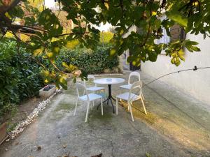 a table and chairs sitting under a tree at B&B Le Rose in Villafranca Padovana