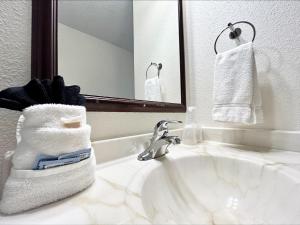 a bathroom with a white sink and a mirror at Homestead Inn in Wolf Point