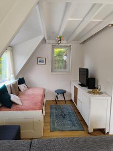 a bedroom with a bed and a tv in a attic at Molière in Rekem