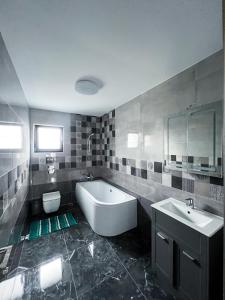 a bathroom with a tub and a toilet and a sink at Casa Andreea in Curtea de Argeş