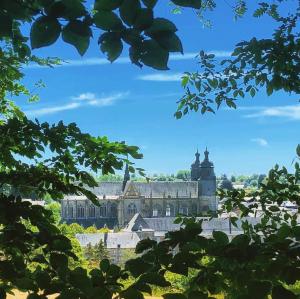 Blick auf ein Schloss von den Bäumen in der Unterkunft Le petit Chermont in Saint-Hubert