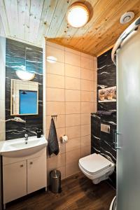 a bathroom with a white toilet and a sink at Apartamenty - Grądzkie 19 in Grądzkie