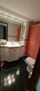 a bathroom with a toilet and a sink and a mirror at Departamento en primera línea del mar in Viña del Mar