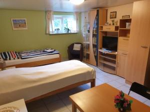 a small room with two beds and a tv at B & B Buchhorst 21481 in Buchhorst