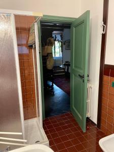 łazienka z toaletą i zielonymi drzwiami w obiekcie Romantic Etna house Etna Mare w mieście Pedara