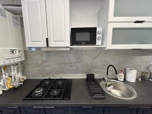 a kitchen with a stove and a sink and a microwave at Perla Home - Studio 9 in Popeşti-Leordeni +10 photos