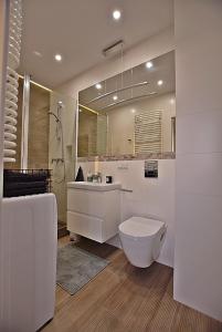 W łazience znajduje się toaleta, umywalka i lustro. w obiekcie Apartament West Wrocław / Parking Free we Wrocławiu