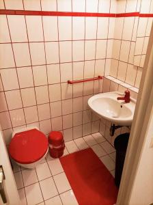 a bathroom with a red toilet and a sink at Kleine Ferienwohnung mit Terrasse am Waldrand in Schönau