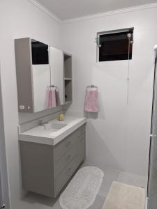 W łazience znajduje się umywalka, lustro i prysznic. w obiekcie Blumen Espaço "piscina privativa' w mieście Blumenau