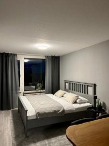 - une chambre avec un grand lit en face d'une fenêtre dans l'établissement KELLER APARTMENT I 106 Kniebis, à Freudenstadt