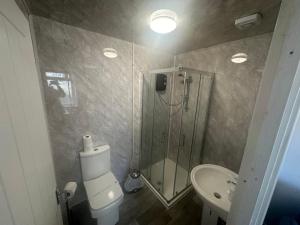 a bathroom with a shower and a toilet and a sink at Luxe Hotel Blackpool in Blackpool