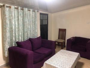 a living room with purple furniture and a window at the botanical bliss 1 bedroom in Nairobi