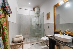 a bathroom with a shower and a sink and a toilet at Hotel Jasmin Home in Jaisalmer