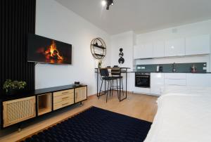 1 dormitorio con 1 cama y TV en la pared en central Suite, en Viena