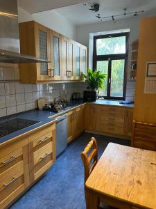 une cuisine avec des placards en bois, une table et une fenêtre dans l'établissement EZB am Main, à Francfort-sur-le-Main