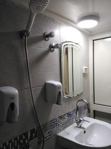 uma casa de banho com um chuveiro, um lavatório e um espelho. em Hotel Panorama no Cairo