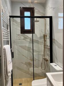 a bathroom with a shower with a glass door at Ski Suites - A Luxury Maisonette Kalavryta in Kalavrita
