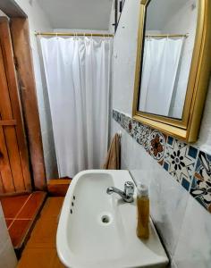 a bathroom with a sink and a mirror and a shower at The Temple III, Mindo in Mindo