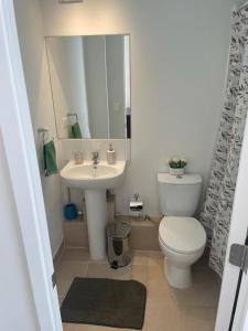 a bathroom with a sink and a toilet and a mirror at Departamento nuevo en reñaca alto 2 dormitorios in Viña del Mar