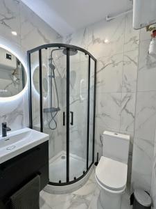 een badkamer met een douche, een toilet en een wastafel bij Cosy Apartment near La Défense / Paris 4pers in La Garenne-Colombes