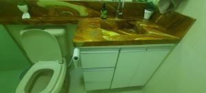 a bathroom with a sink and a toilet and a counter at Pousada da Drica in Saquarema