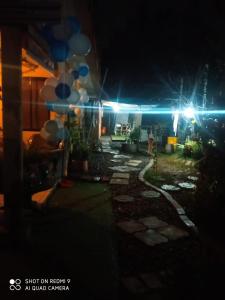 dom w nocy z balonami w ogrodzie w obiekcie Hostal¤ Familiar¤ w mieście Chillán