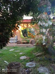a garden with a house with lights on it at Hostal¤ Familiar¤ in Chillán