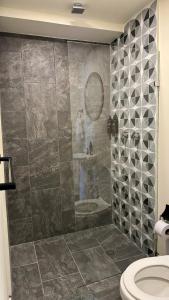 y baño con ducha y aseo. en Luum Guest House, en Medellín