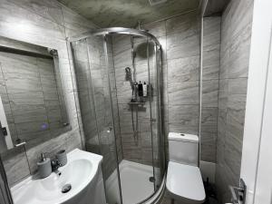a bathroom with a shower and a toilet and a sink at Selly Oak Near QE and UoB - 5 Bed Ensuite - Perfect for groups and contractors in Birmingham