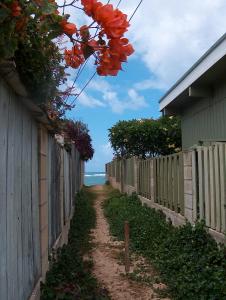 a dirt road next to a fence with flowers at Itʻs All About the Beach in Hauula