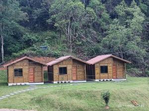 een houten hut in een veld naast een bos bij Chalés Maravilha 01 in Alfredo Chaves