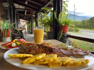 a plate of meat and chips and a glass of orange juice at La Casa del Marqués Hotel in El Chaco