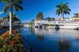 a bridge over a river with palm trees and flowers at Puerta Azul in Tampico