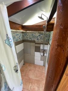 a bathroom with a shower and a tiled floor at Fare Tahima in Fare