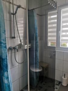 a bathroom with a shower with a shower curtain at Gästehaus Schu in Marpingen +24 photos