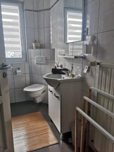 een badkamer met een wastafel en een toilet bij Gästehaus Schu in Marpingen