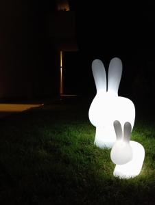 dos luces blancas de conejo en la hierba en la oscuridad en Maison du Mathilda en Santo Stefano Roero