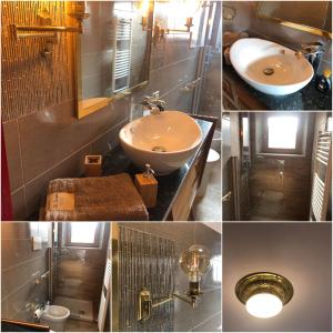 un collage di quattro foto di un bagno di La Casina di Butzi: pet friendly ad Arta Terme