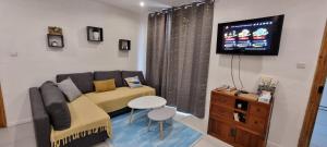 uma sala de estar com um sofá e uma televisão em Villa Marine*Entre mer et Jardin em Coudekerque-Branche